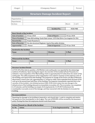 Structure Damage Incident Report Word Template
