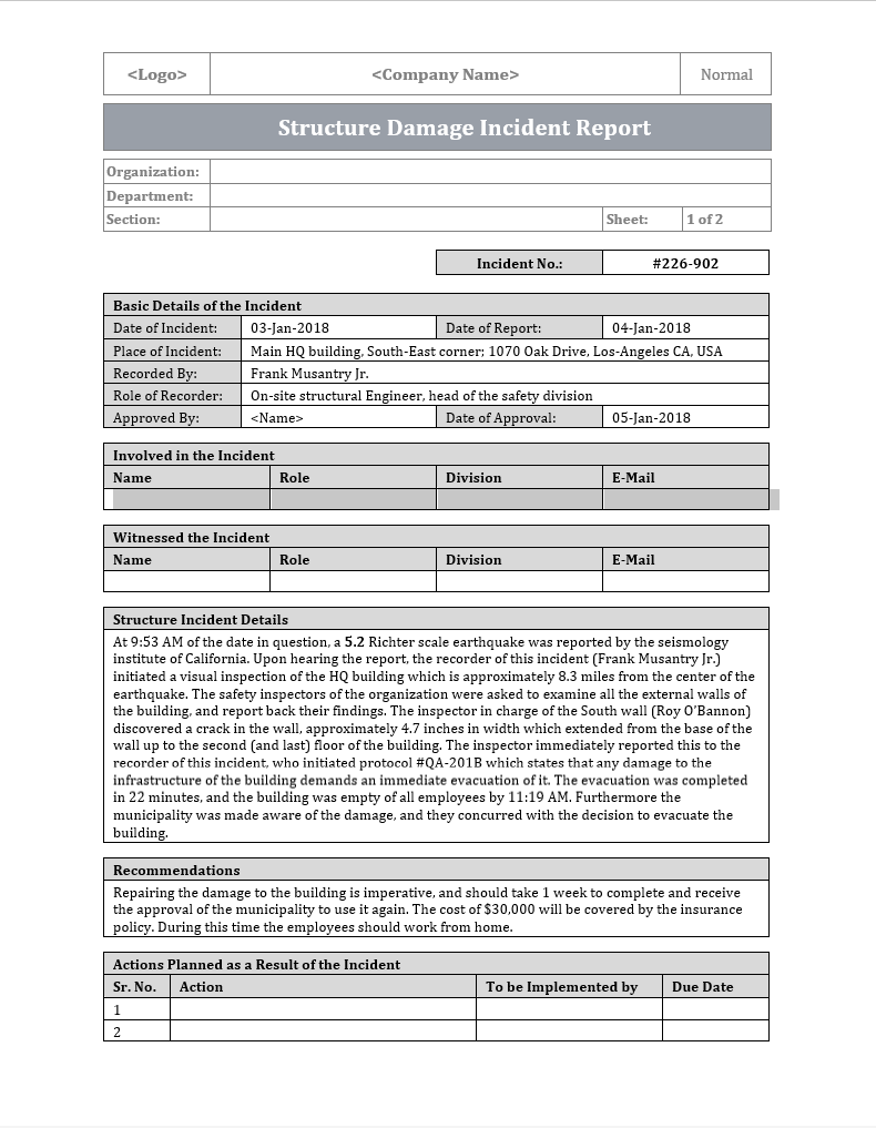 Structure Damage Incident Report Word Template