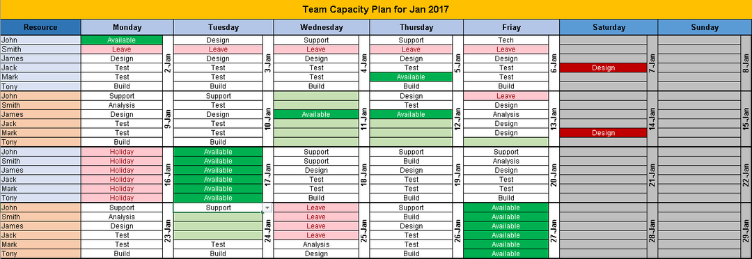 Team task planning Excel Calendar