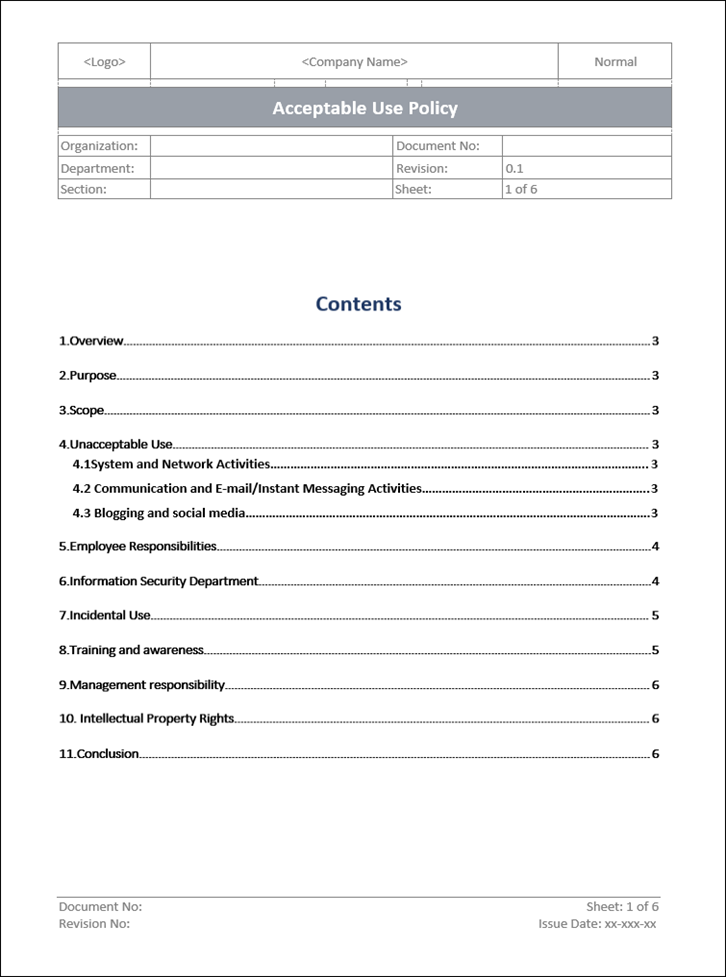 Acceptable use policy, Acceptable use policy iso template