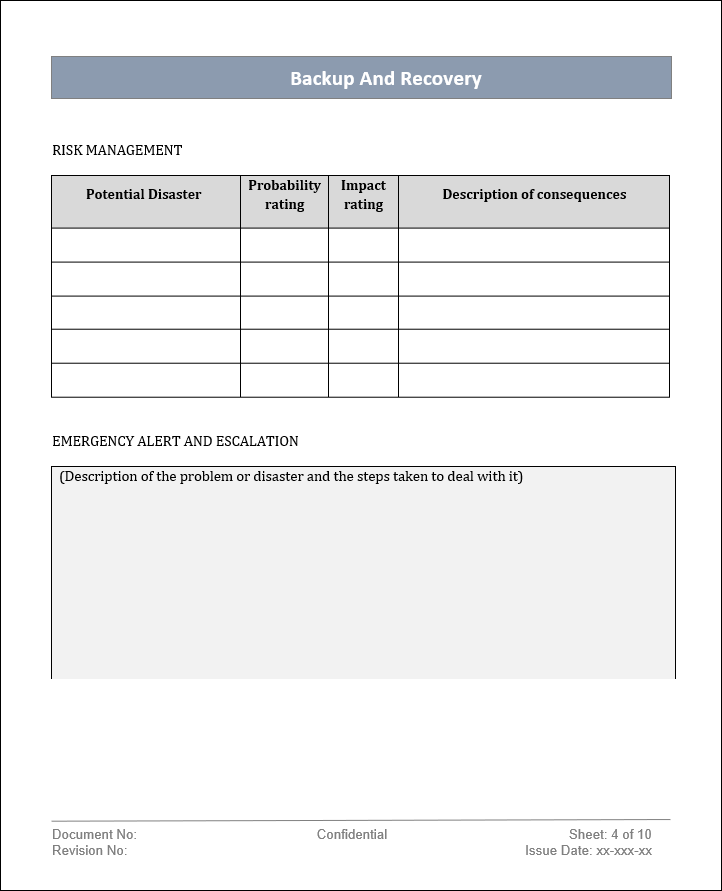 Backup and recovery policy, Backup and recovery template, Backup and recovery