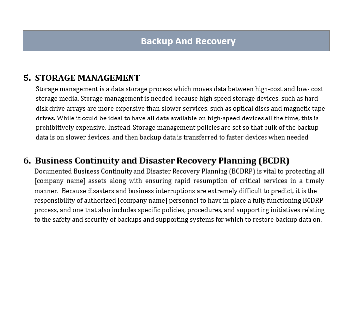 Backup and recovery policy, Backup and recovery template, Backup and recovery