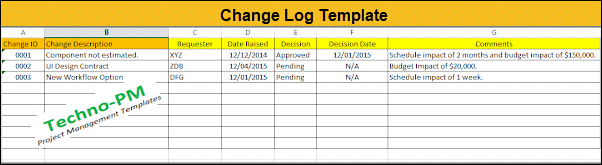 change log templates, Project Change Log Excel