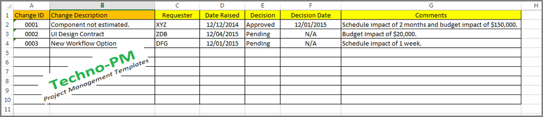 Project Change Excel Log