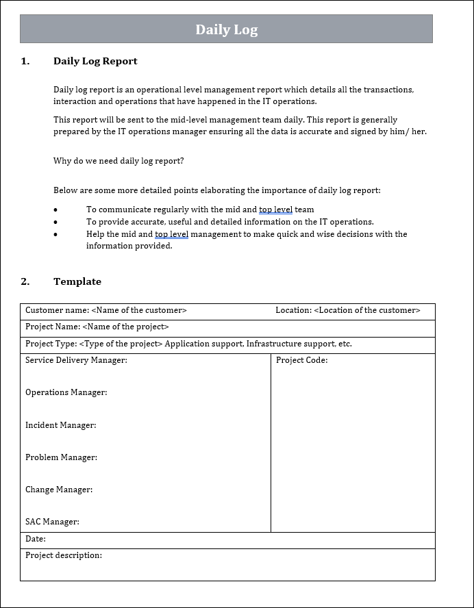Fillable Daily Log Daily Log Template – ISO Templates and Documents Download