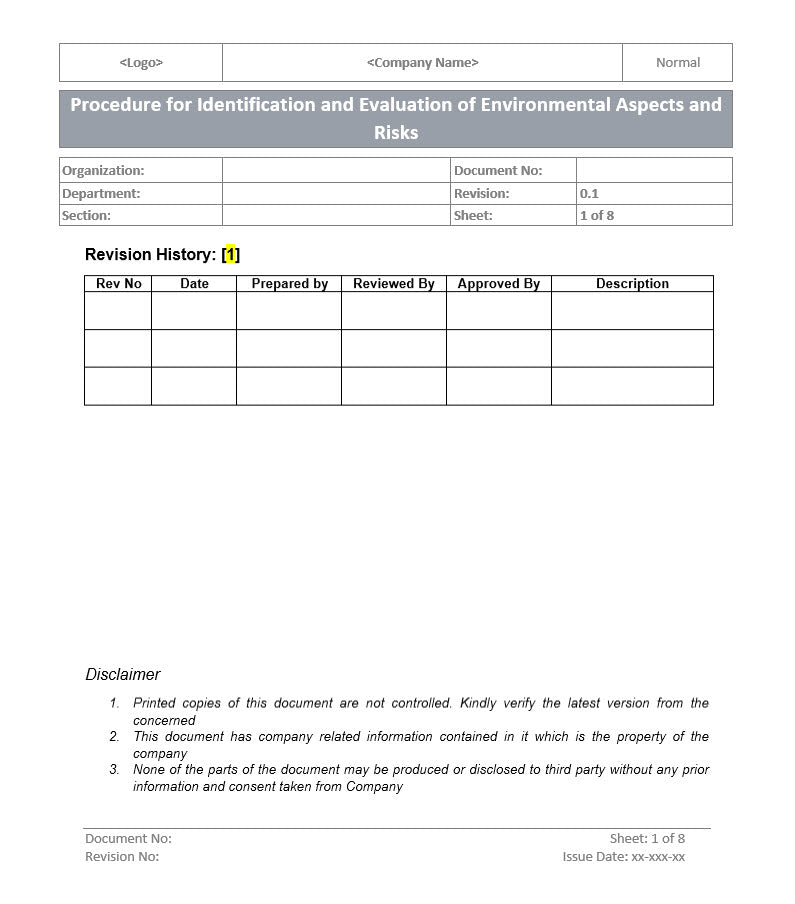 Identification and Evaluation of Environmental Aspects and Risks