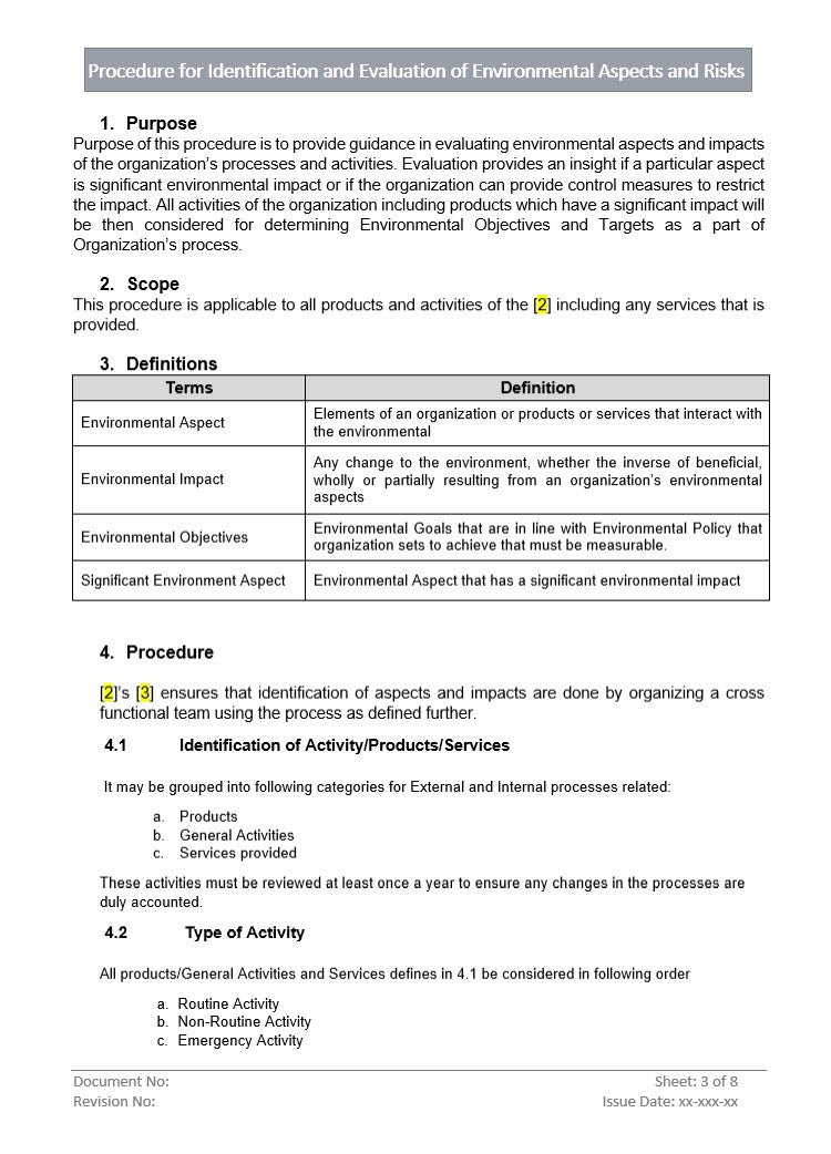 Environmental Aspects Layout Doc Procedure for Identification and Evaluation of Environmental Aspects a ...