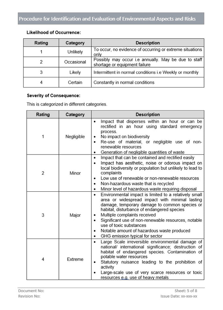 Identification and Evaluation of Environmental Aspects and Risks