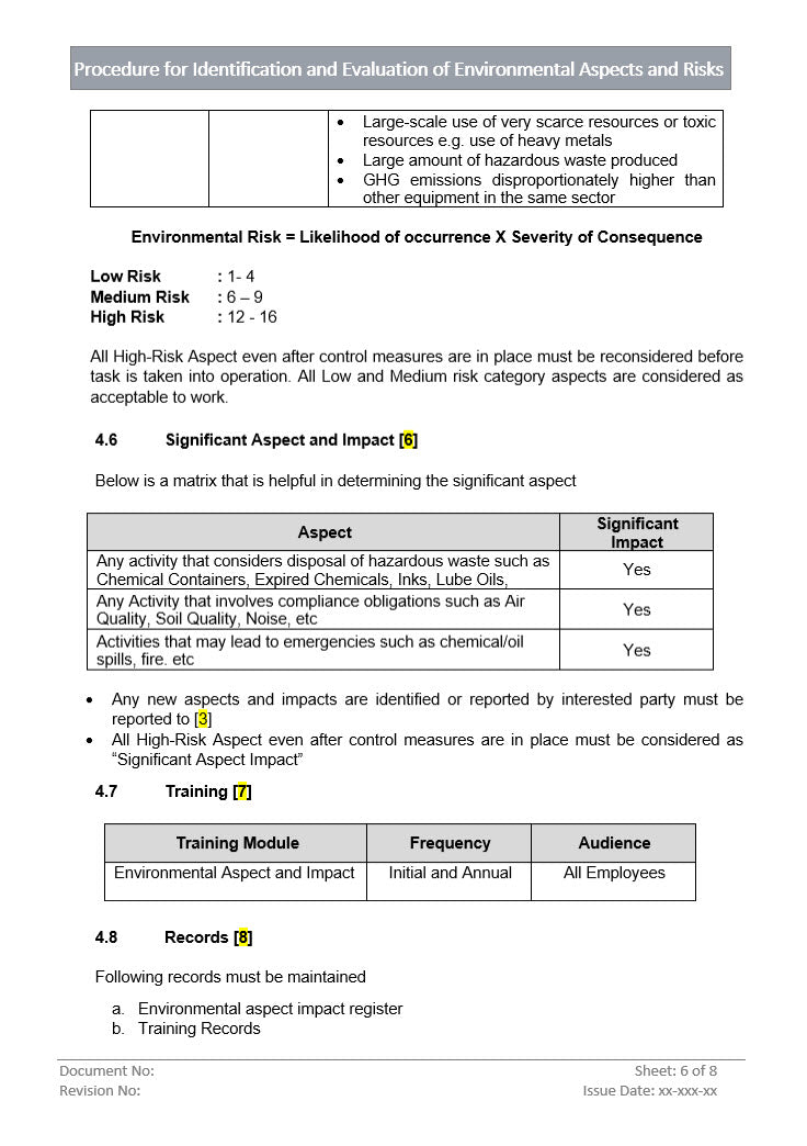 Identification and Evaluation of Environmental Aspects and Risks