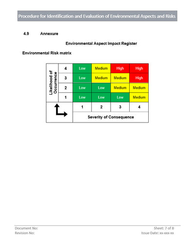 Identification and Evaluation of Environmental Aspects and Risks, environmental risk matrix