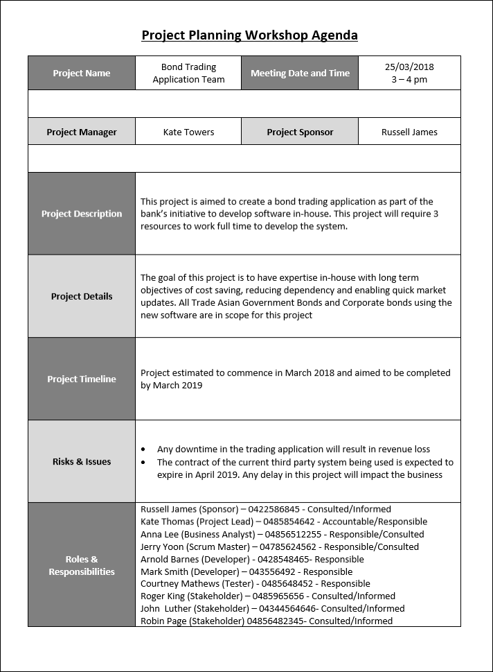 Project planning workshop agenda, Project planning