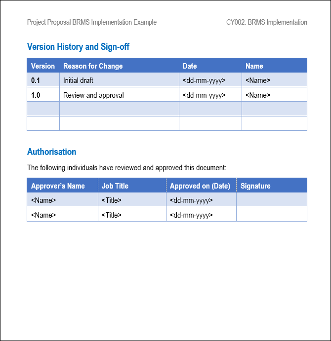 Project Proposal BRMS Implementation Template, Project proposal