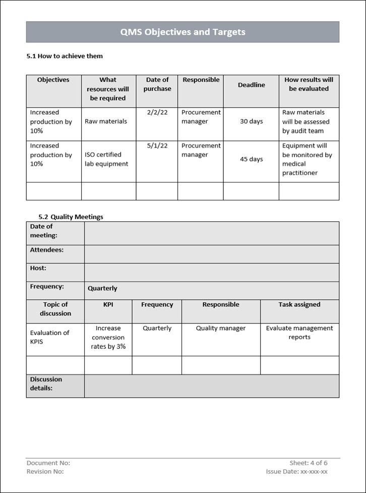 Quality Objectives Examples Factory QMS objectives and target Template - ISO 9001 | QMS Objectives and Tar ...