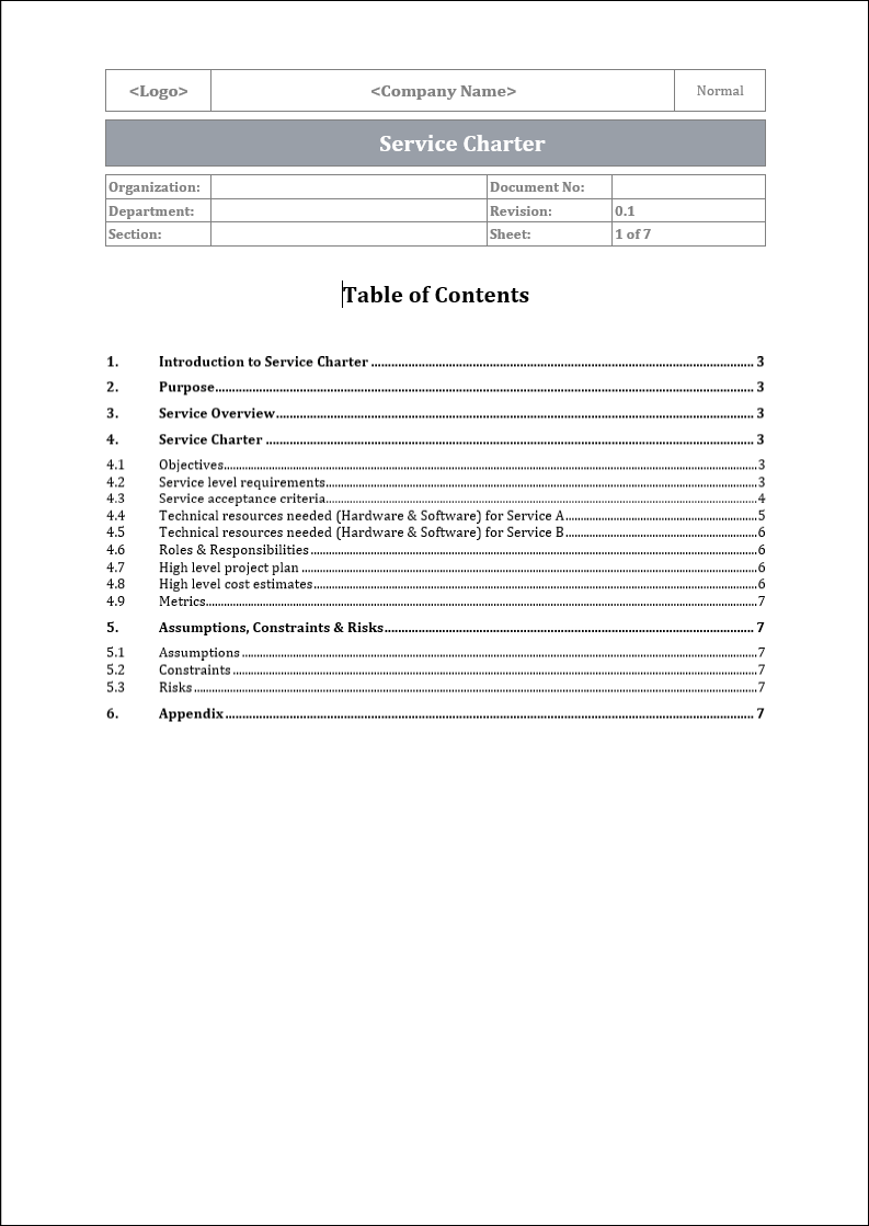 Service charter template, service charter