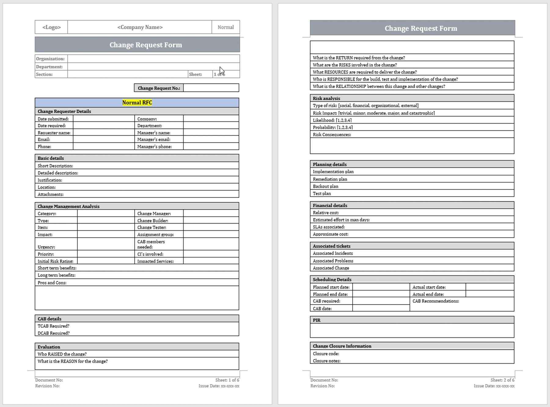Change request form ISO Templates and Documents Download